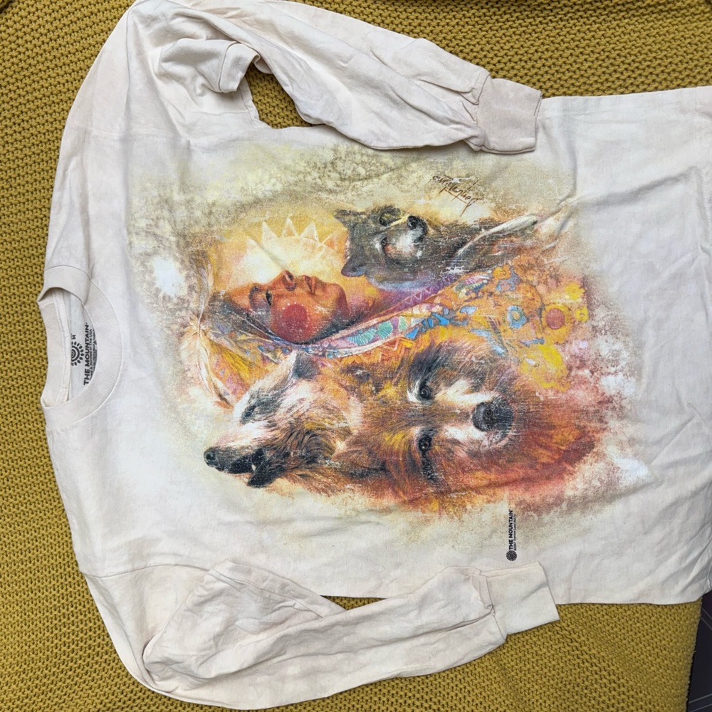 The Mountain Cream Long Sleeve Tee with Native and Wolf Design